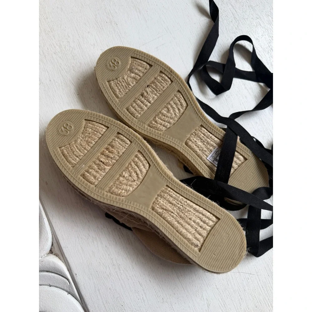 Diegos Handmade in‎ Spain Beige Canvas Jutes Lace Up Ribbon Espadrilles Flats 38